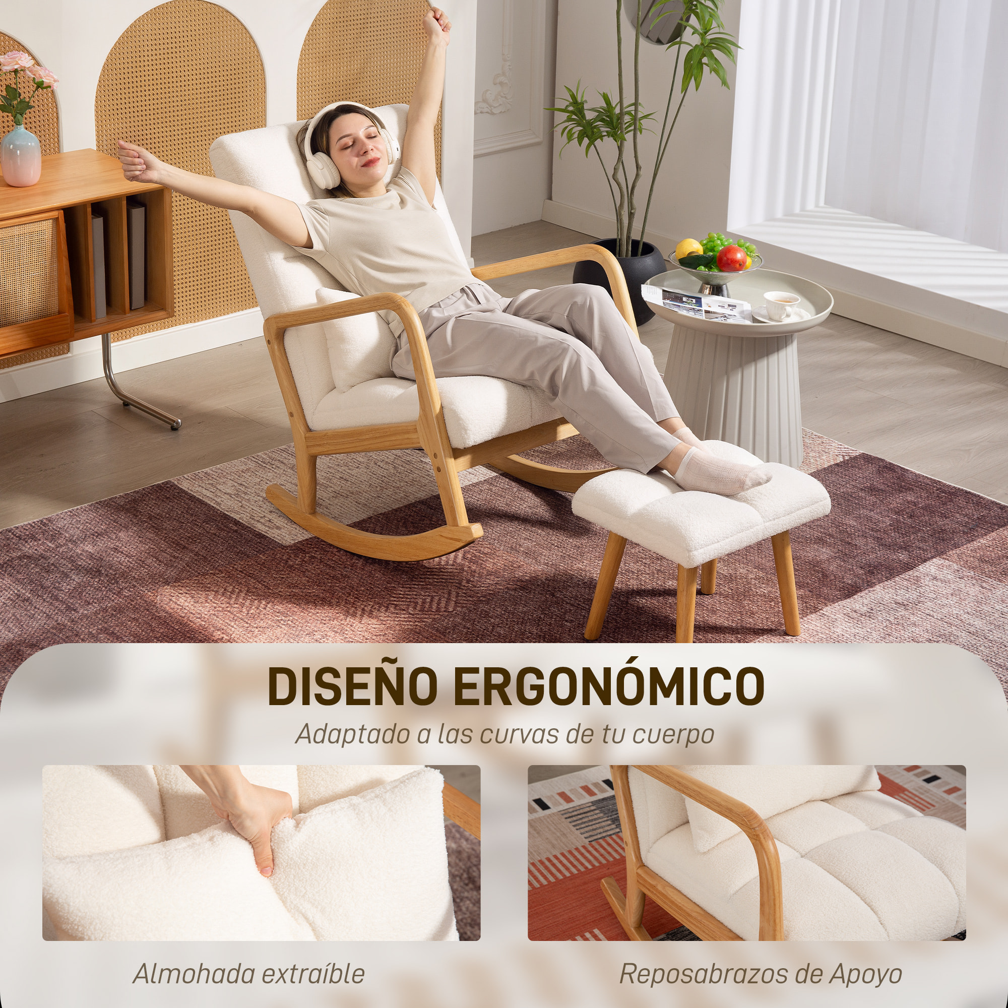 Silla Mecedora con Reposapiés, Sillón de Relax Tapizado en Bouclé con Cojín Acolchado, Respaldo Ergonómico, Reposabrazos y Patas de Madera, Carga 120 kg, para Salón, Dormitorio, Blanco