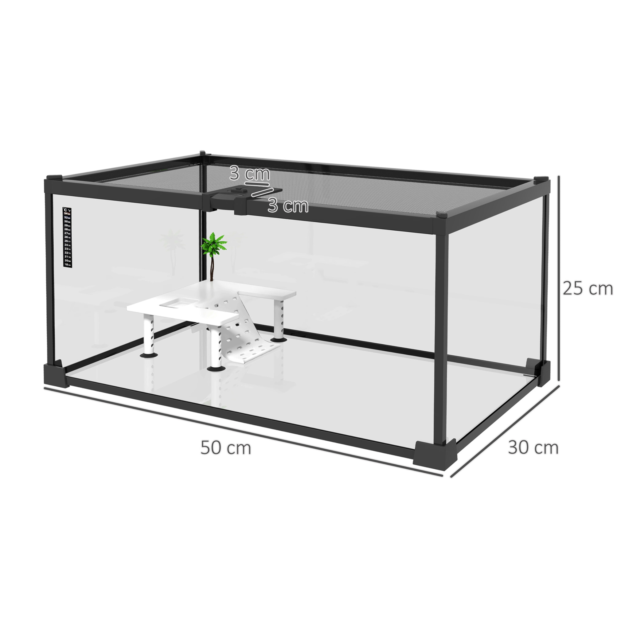 Terrarium en verre - vivarium reptiles & batraciens - habitat tortue - couvercle grillagé coulissant verrouillable - accessoires, thermomètre inclus - métal noir verre