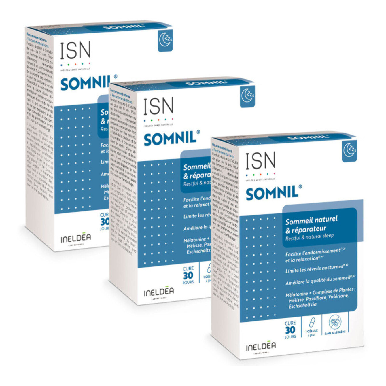 ISN - Somnil - Complément alimentaire - Mélatonine, plantes, vit.B6 - Facilite l'endormissement - Améliore le sommeil -Lot de 3