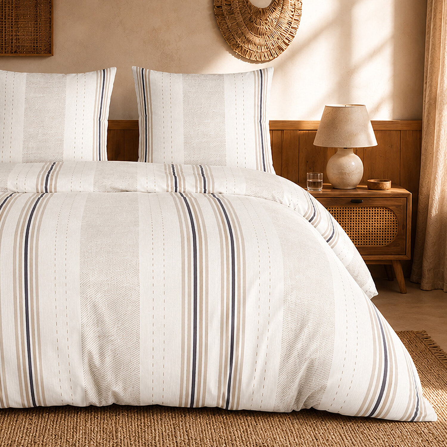 Parure housse de couette 100% percale de coton rayures verticales beige - TRANDY