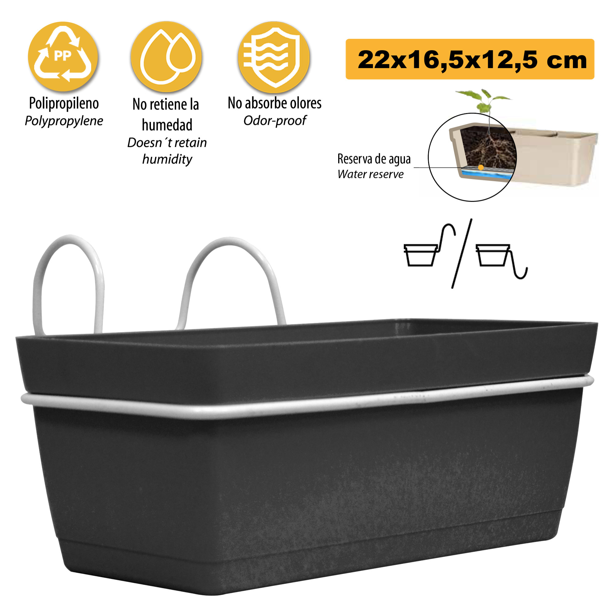 3 jardineras l 22 cm con ganchos, de polipropileno antracita