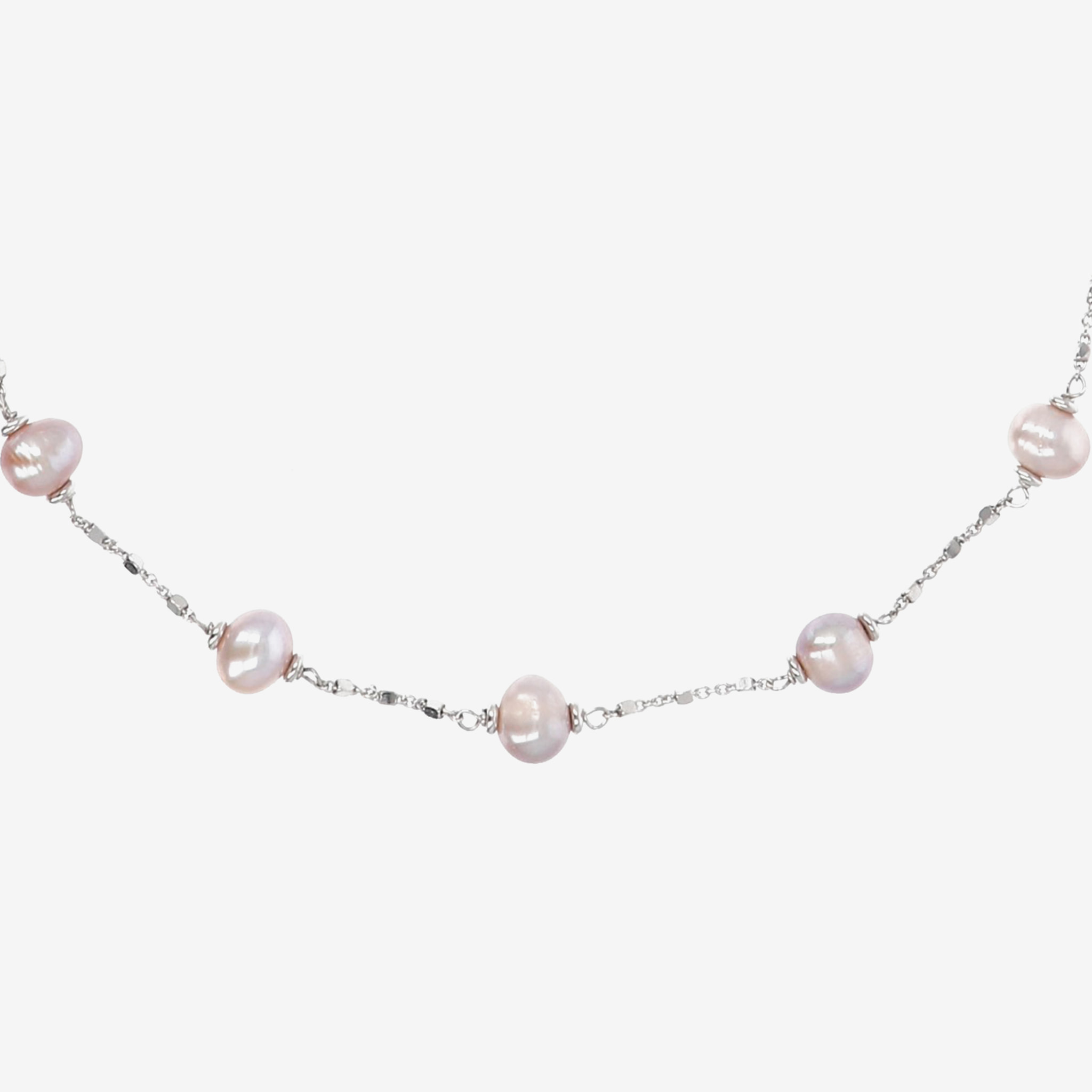 PERLAVIVA - Collana Catena a Cubetti in Argento 925 con Perle d'Acqua Dolce Rosa Ø 6/8 mm