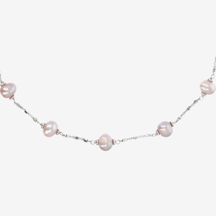 PERLAVIVA - Collana Catena a Cubetti in Argento 925 con Perle d'Acqua Dolce Rosa Ø 6/8 mm