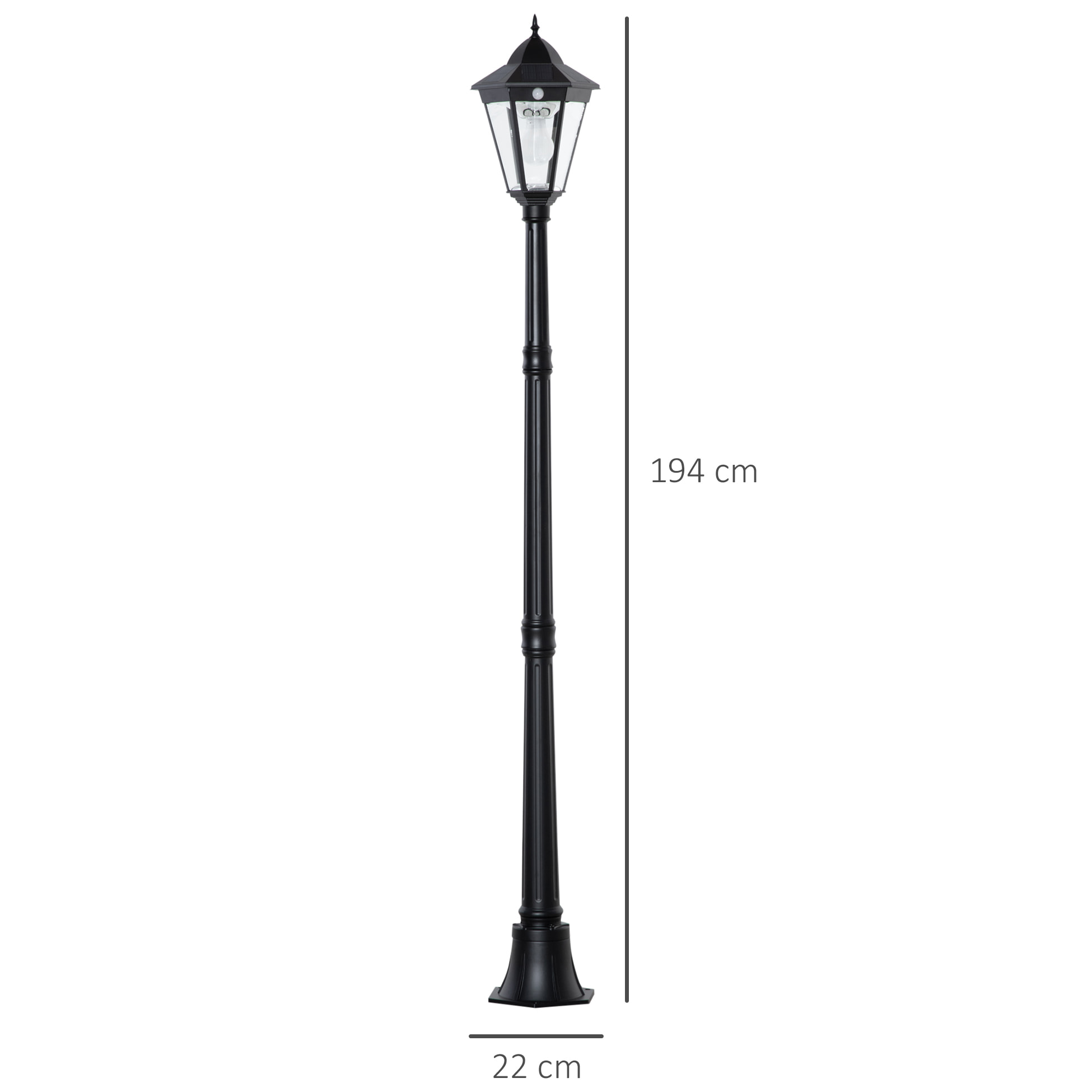 Farola Solar Luz Solar de Exterior con Panel Solar Encendido y Apagado Automático Resistente a la Intemperie Marco de Aluminio IP44 para Terraza Patio 22x22x194 cm Negro