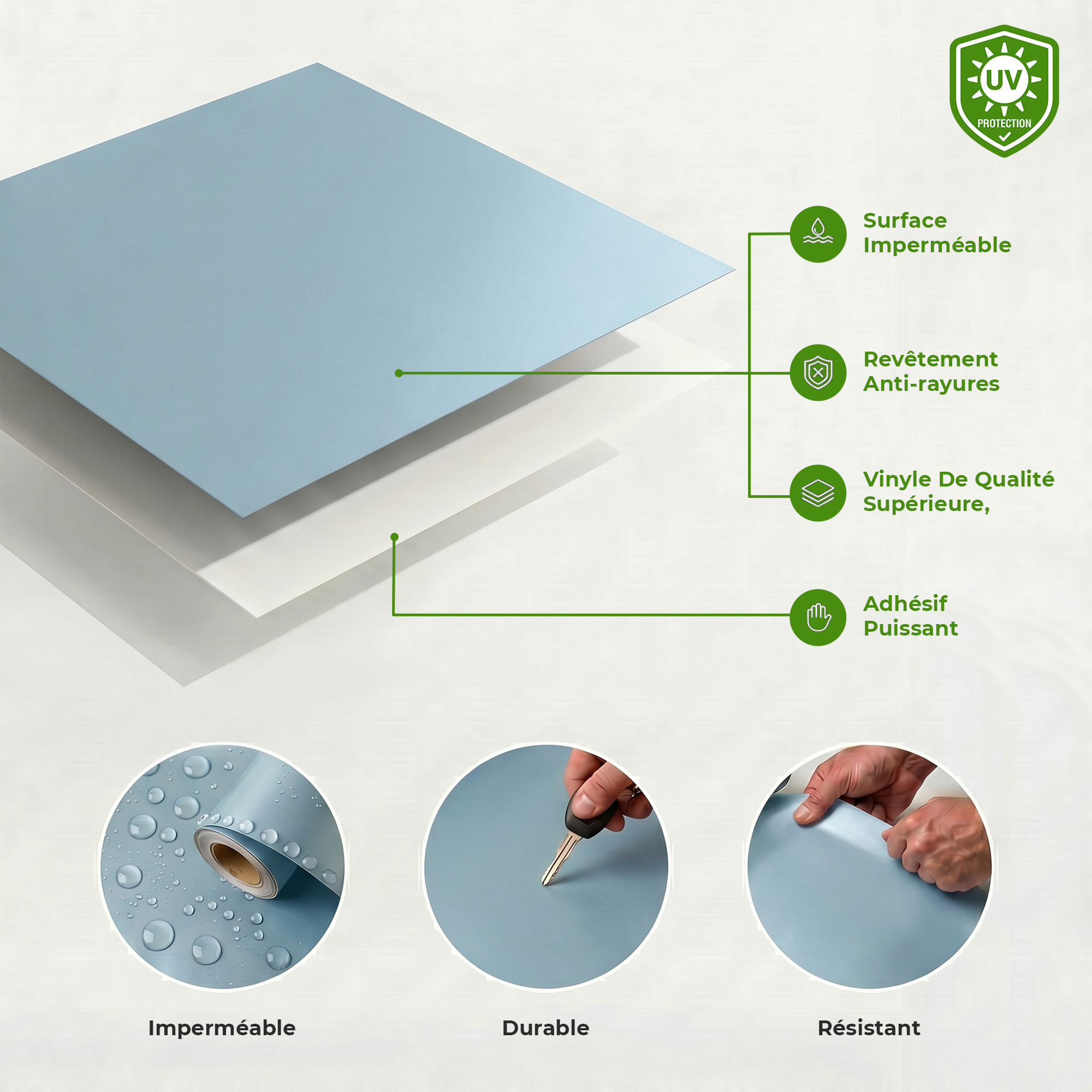 Rouleau adhésif décoratif Vinyle au Mètre - Bleu poudre - Sticker Lavable Imperméable Mur Cuisine Meubles