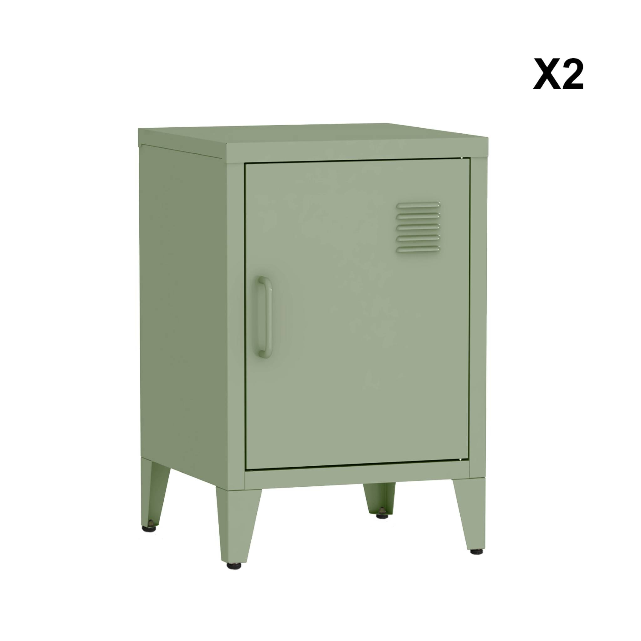 Lot de 2 tables de chevet en acier 1 porte. Vert. casier. L 38 x P 38 x H 55.7 cm