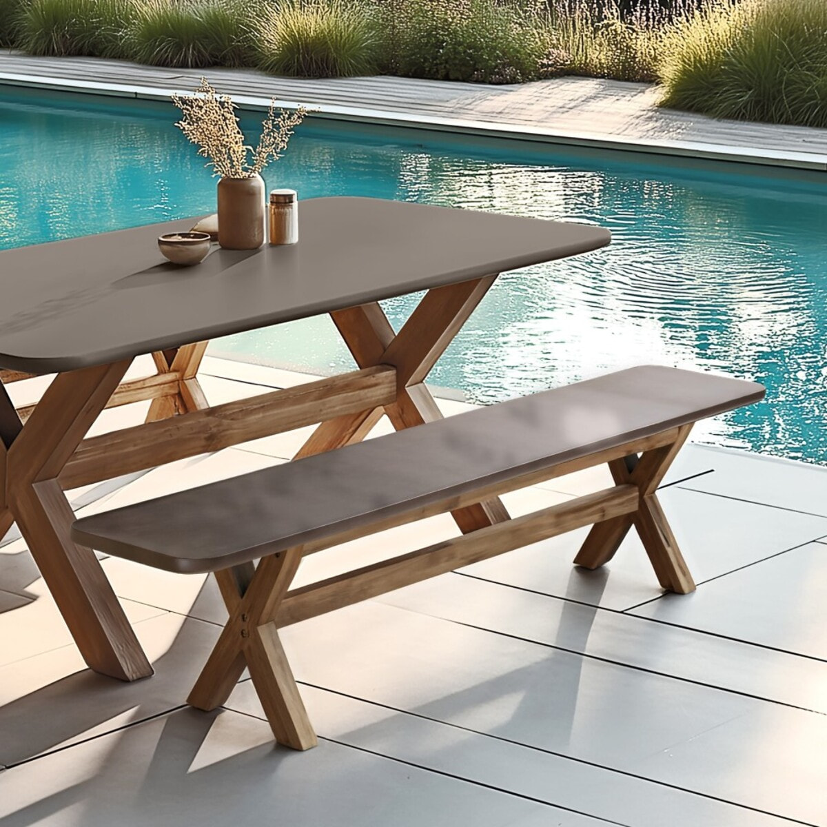 NESTOR - Banc 200x40cm effet béton marron pied en bois d'acacia