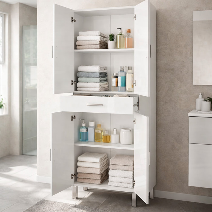 Colonna Bagno Con 4 Ante 4 Ripiani E Cassetto Mobile Alto Moderno Salvaspazio Con Mensole Regolabili Bagno Lavanderia 182 x 60 x 29 Cm Colore Bianco