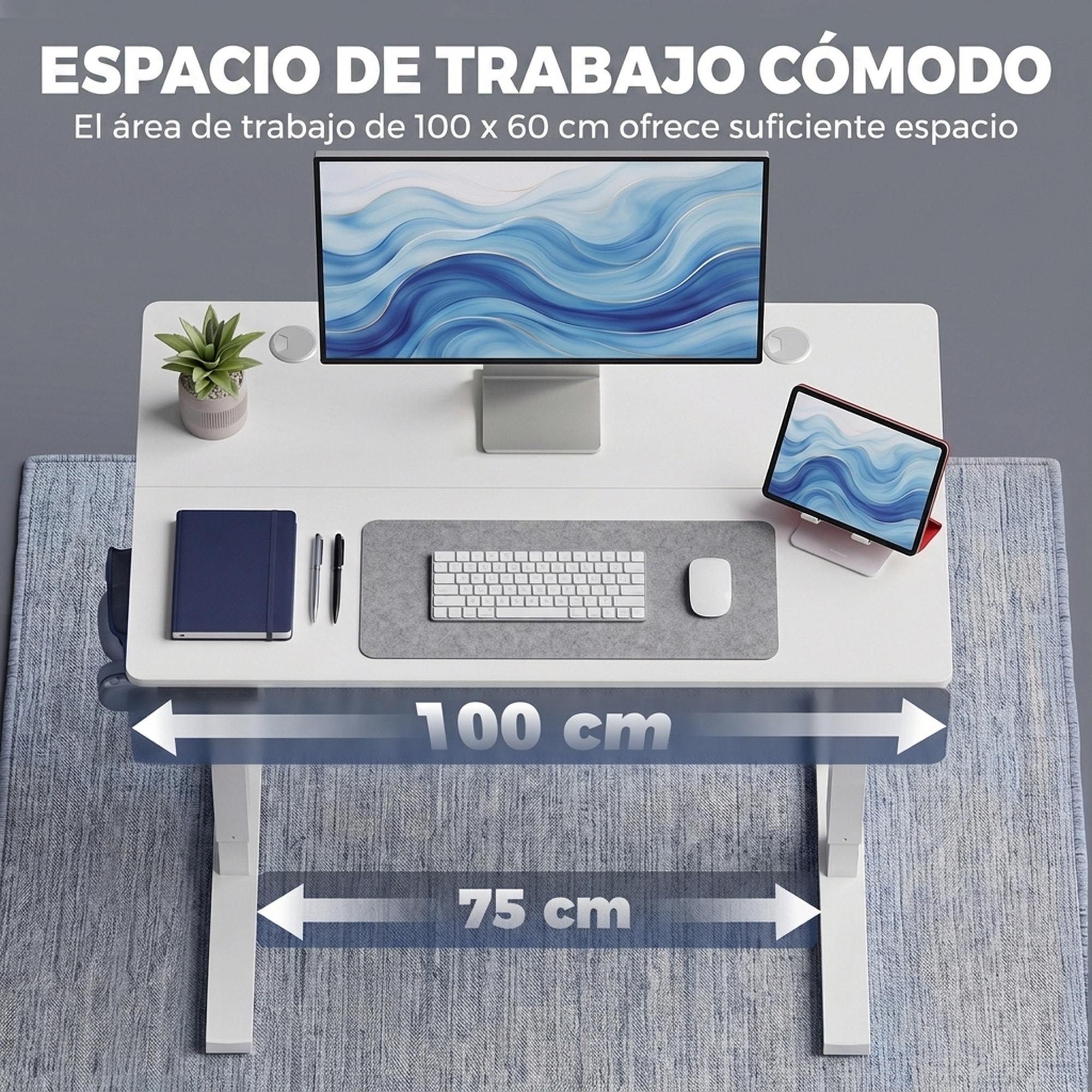 HOMCOM Escritorio Elevable 100x60 cm, Escritorio Eléctrico Regulable en Altura con 3 Alturas de Memoria, Pantalla LED, 2 Ganchos, 2 Pasacables, para Oficina en Casa, Estudio, Blanco