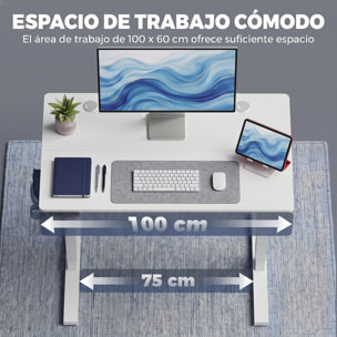 HOMCOM Escritorio Elevable 100x60 cm, Escritorio Eléctrico Regulable en Altura con 3 Alturas de Memoria, Pantalla LED, 2 Ganchos, 2 Pasacables, para Oficina en Casa, Estudio, Blanco