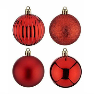 set de 100 bolas de navidad color rojo en tubo pet con diferentes diseños y acabados
