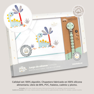 Triptico Cuna Estampado Dinosaurio Palmera + Broche Bco/Verde