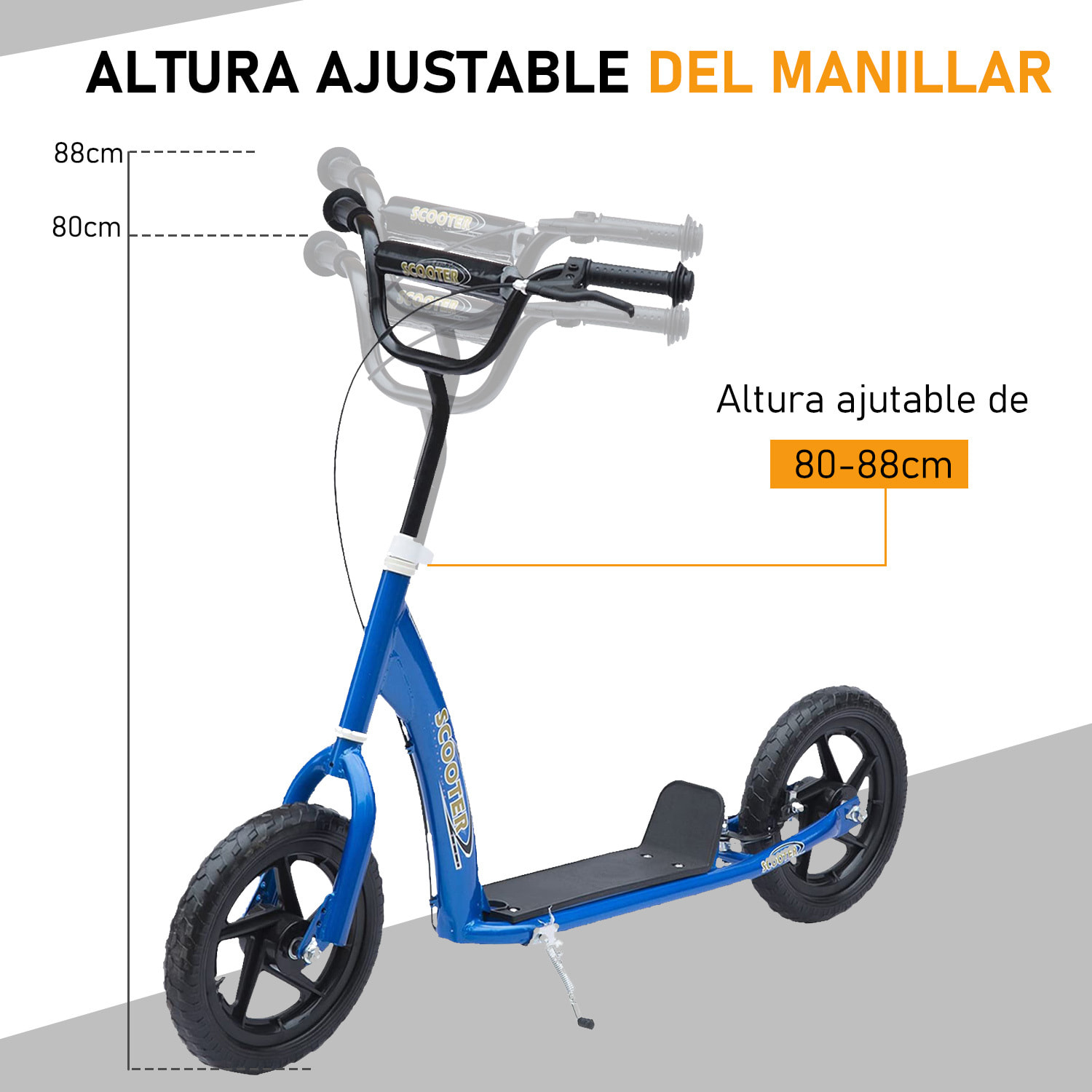 Patinete para Niños de +5 Años Scooter de 2 Ruedas Grandes de 12 Pulgadas con Freno y Manillar Ajustable en Altura Carga Máx.50kg 120x52x80-88cm Azul