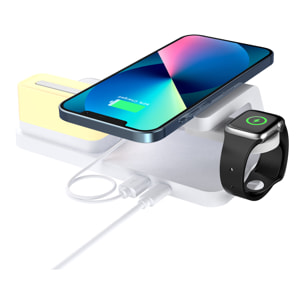 Cargador inalámbrico multifunción 6 en 1: cargador inalámbrico Qi 15W, cargador inalámbrico para auriculares, USB, Apple Watch, luz ambiental y reloj despertador.