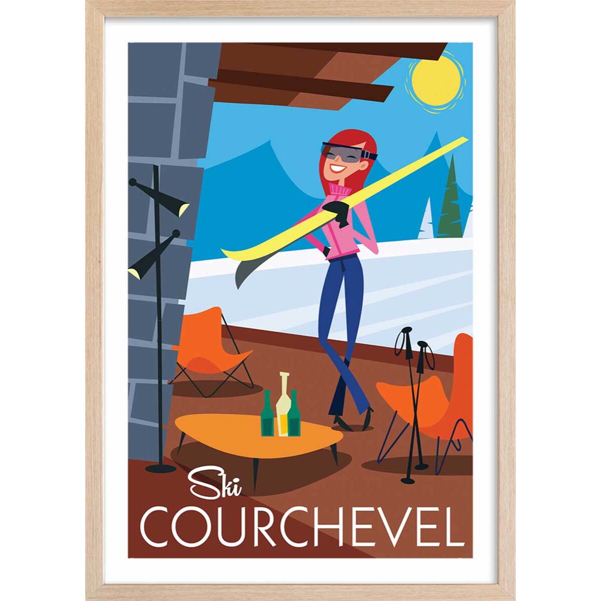 Affiche Ski à Courchevel Affiche + cadre en bois - Chêne