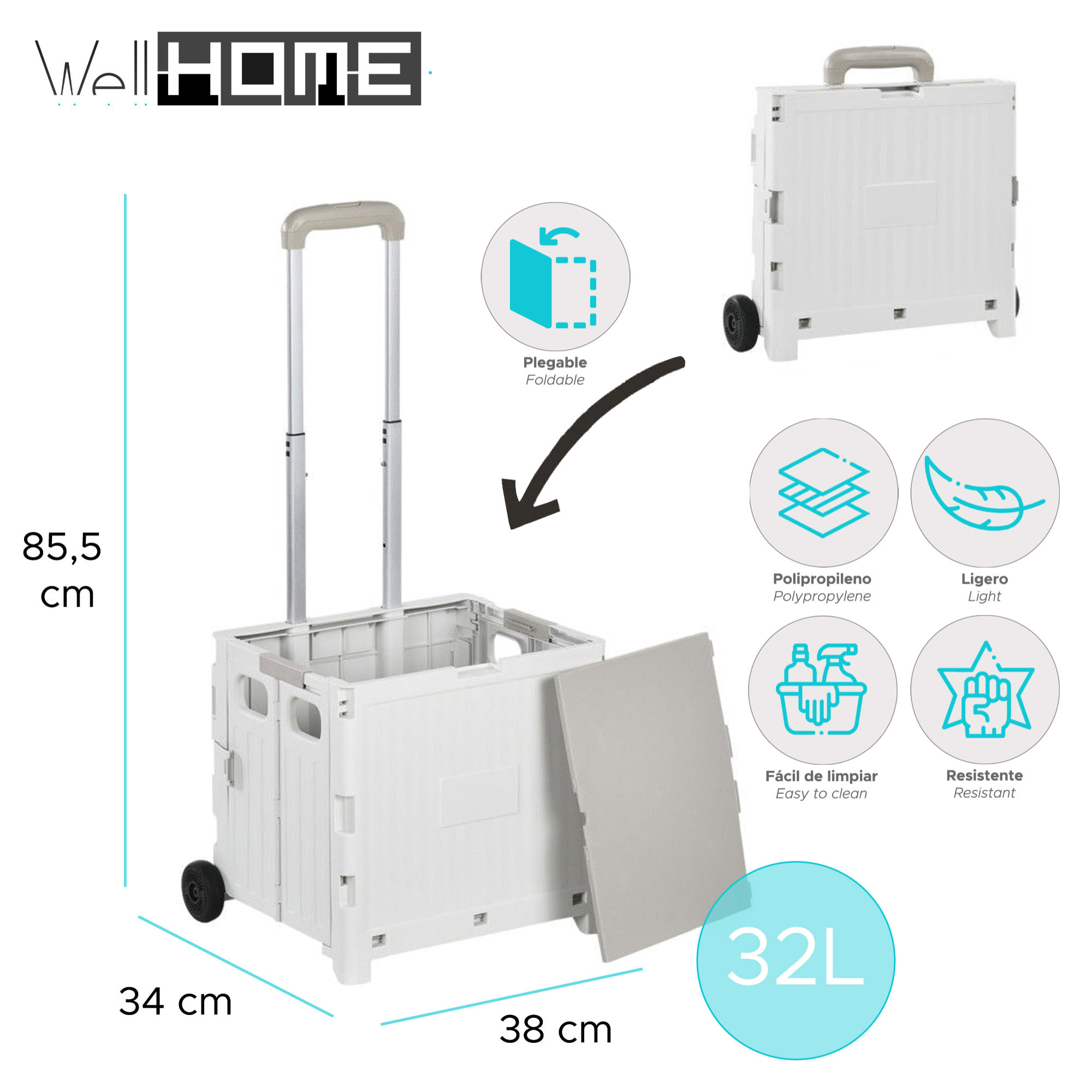 Carrito de almacenaje Plegable 38 × 34 × 85,5 cm cm con 2 ruedas color Gris-32L