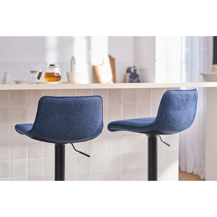 Tabourets de bar réglables pivotants 360° en tissu effet velours texturé bleu foncé et métal noir (lot de 2) BOOST