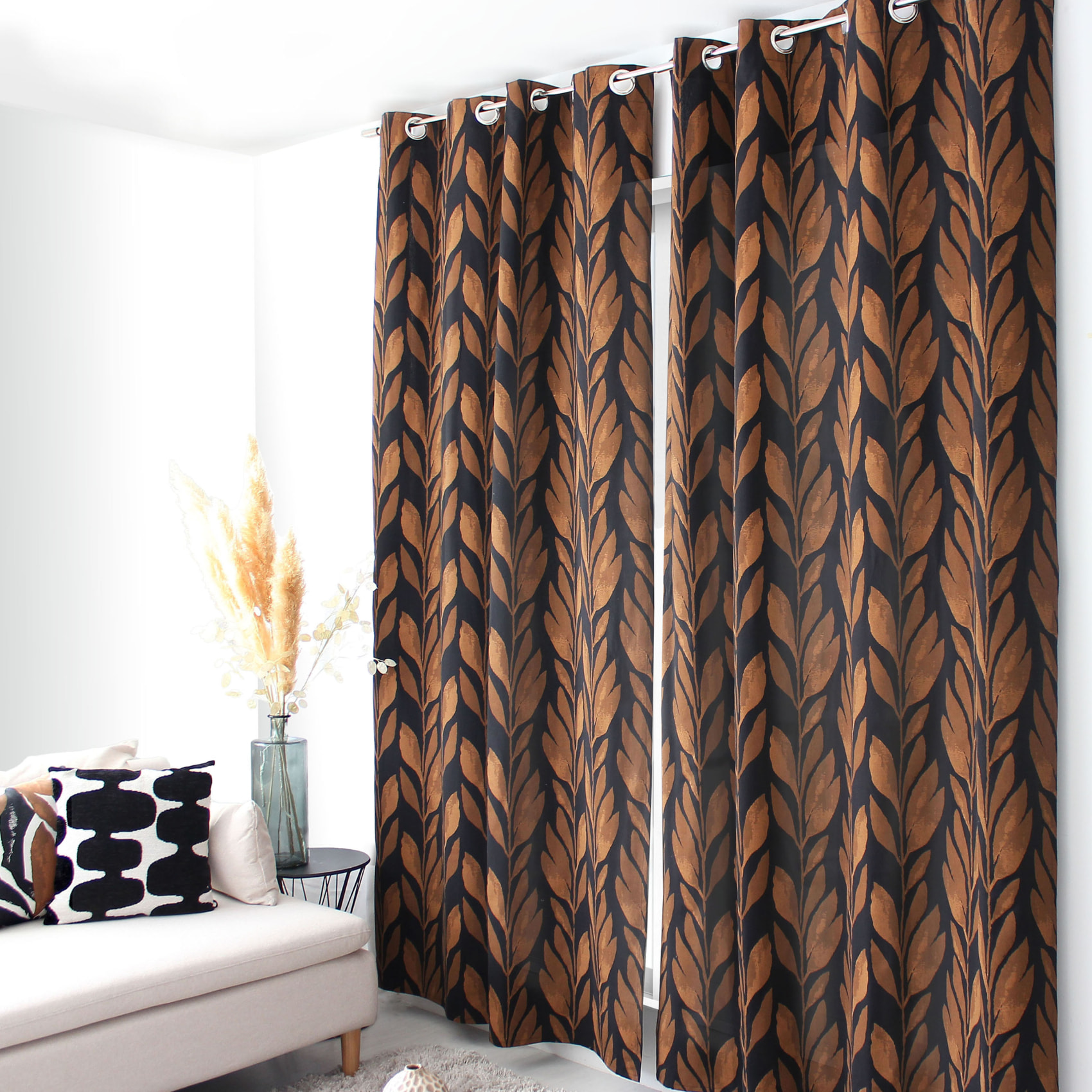 Rideau motif végétal tamisant en coton recyclé - Noir