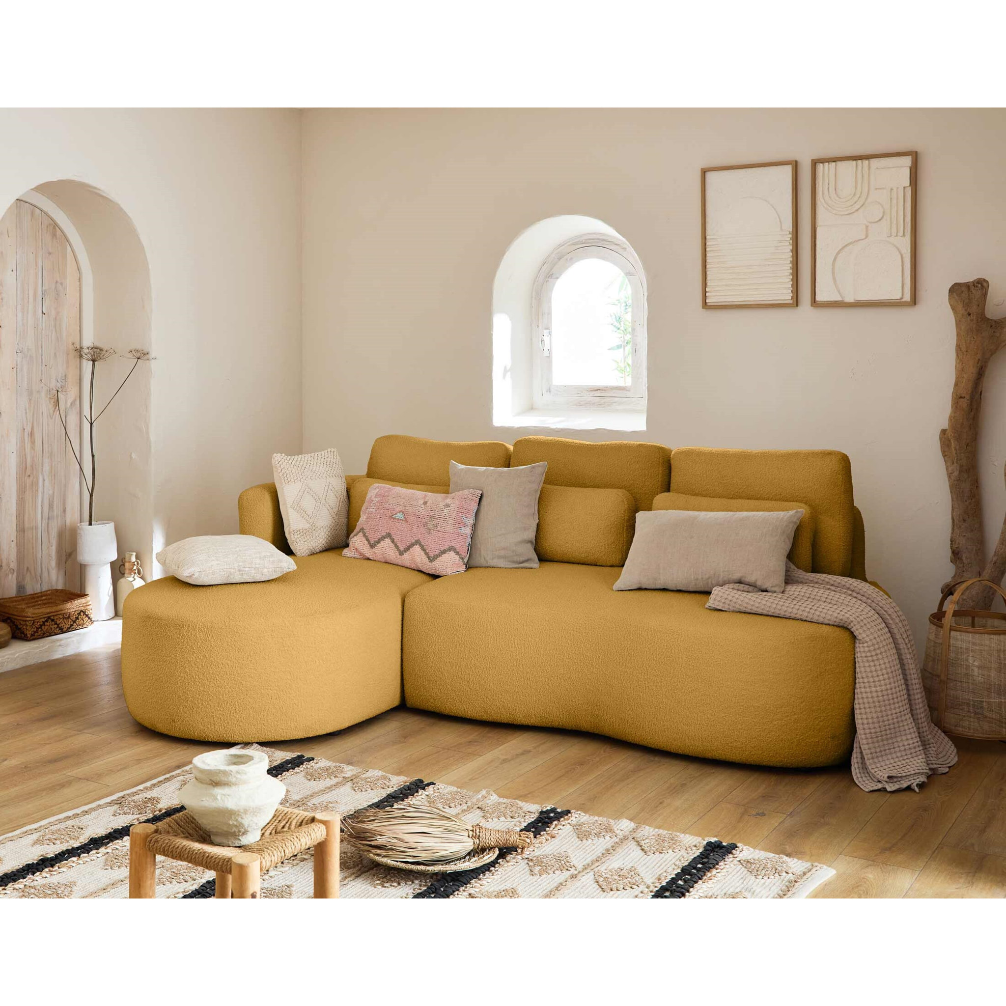 Mahina - canapé d'angle gauche - 4 places - convertible avec coffre - en tissu bouclette - Jaune
