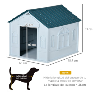 Caseta para Perros Medianos 65x75,7x63 cm, Casa para Perros con Patrón de Ventana, Techo de Tejas de Imitación, para Interior y Exterior, Azul Verdoso y Blanco