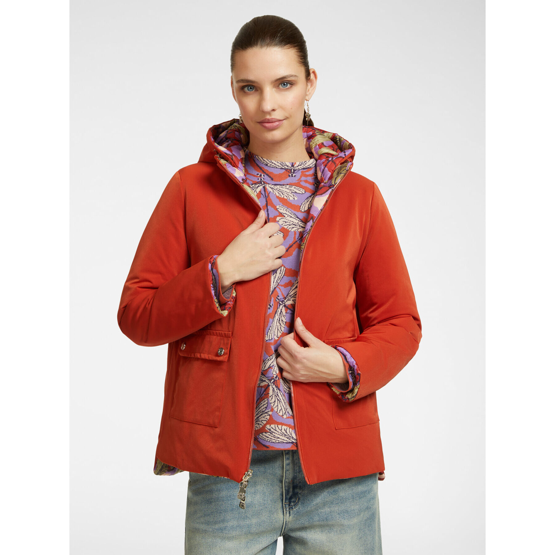 Elena Mirò - Plumífero estampado con capucha - Naranja