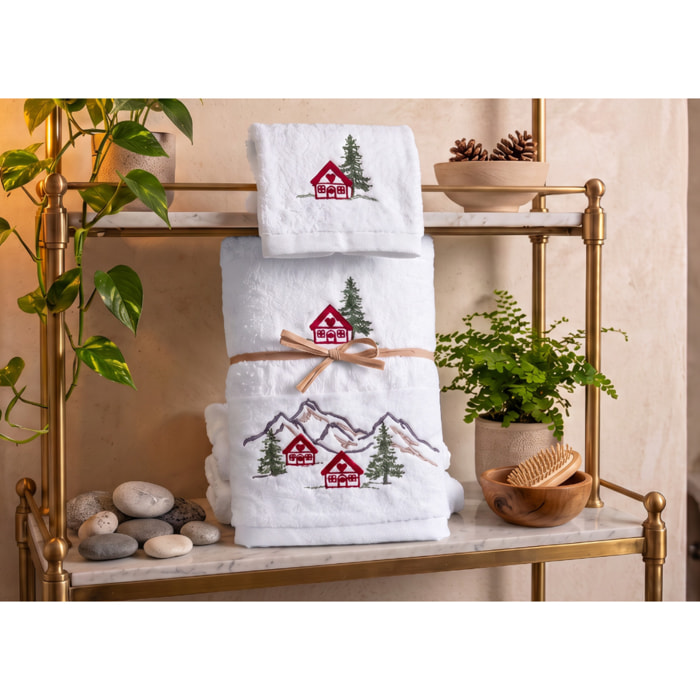 Set Asciugamano Ospite in Spugna 100% Cotone Fantasia Tirolese Natalizia Disegno Malga Bianco