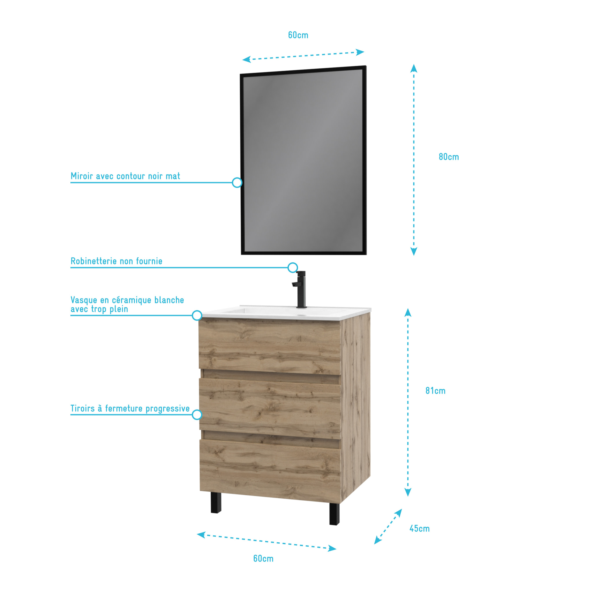 Meuble salle de bain 60 x 80 - Finition chene naturel + vasque blanche + miroir - TIMBER 60 - Pack15