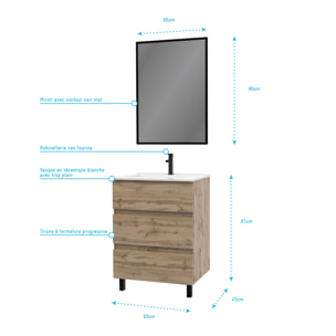 Meuble salle de bain 60 x 80 - Finition chene naturel + vasque blanche + miroir - TIMBER 60 - Pack15