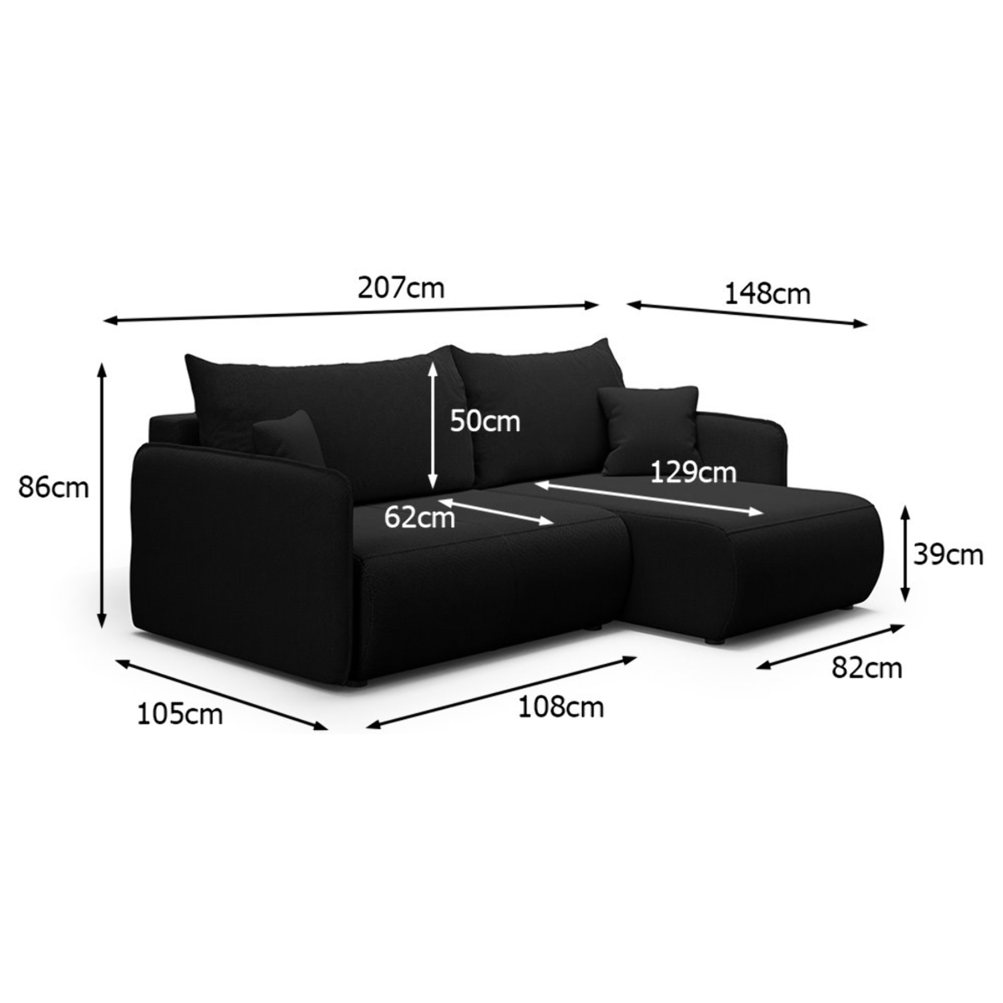 MILO - Canapé d'angle droit 4 places en tissu noir