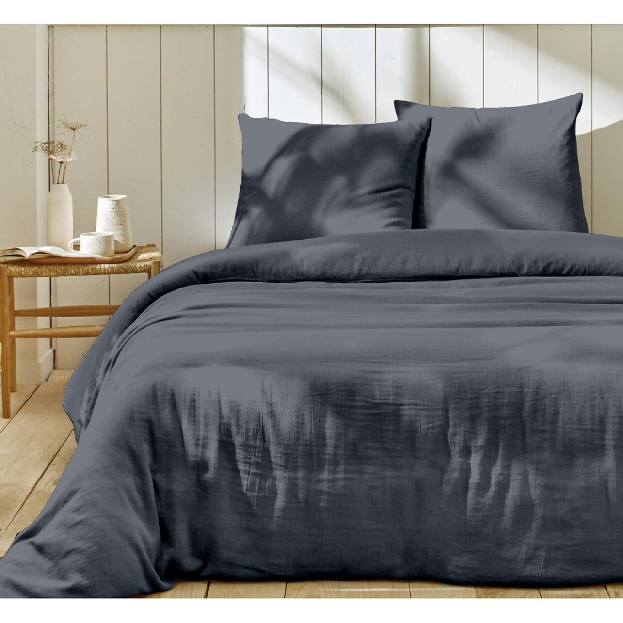 Parure housse de couette 3pcs 100% gaze de coton_bleu jean