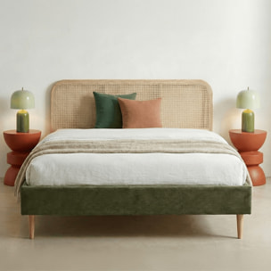 Lit en velours côtelé avec tête de lit en cannage - DALIA