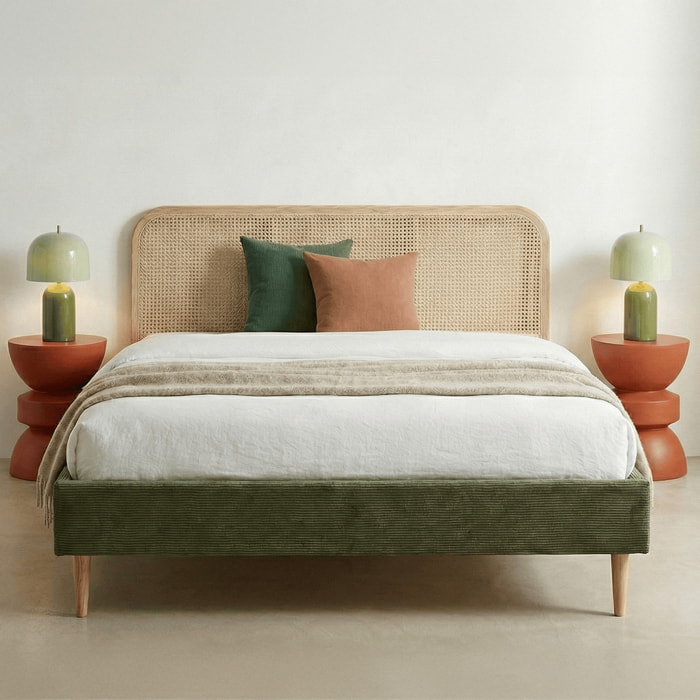 Lit en velours côtelé avec tête de lit en cannage - DALIA
