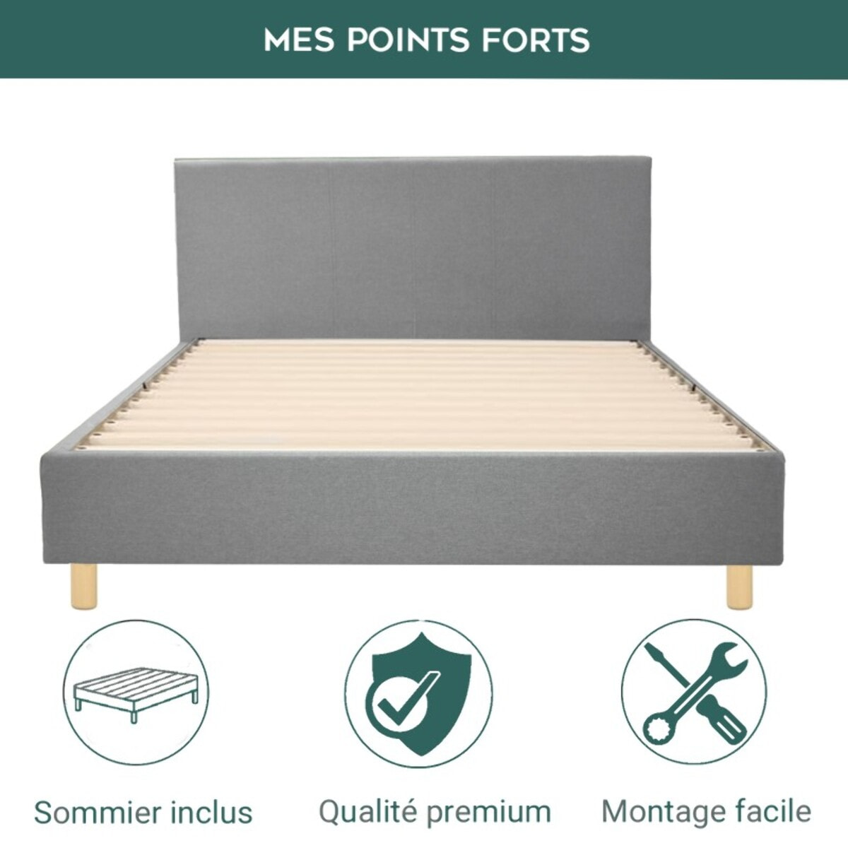 Ensemble Lit avec tête de lit & matelas | Mémoire de forme et ressorts ensachés | Cadre à lattes | Tissu | Gris clair