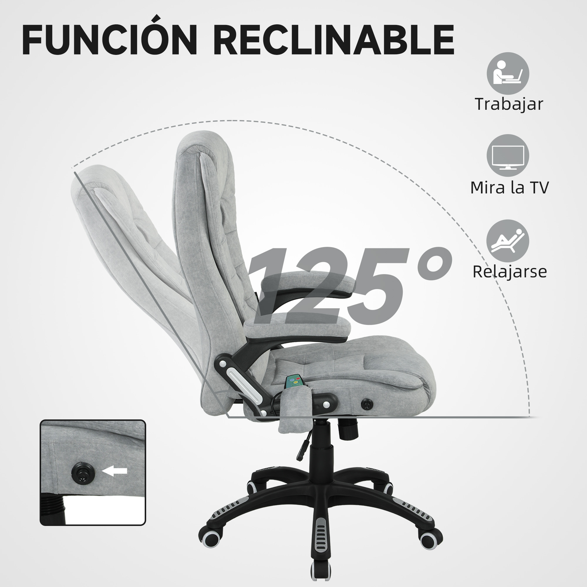 Silla de Oficina con Masaje de 6 Puntos Silla de Escritorio Giratoria con Función Basculante con Calefacción Altura Ajustable Respaldo Reclinable y Mando a Distancia 65x71x110-120 cm Gris