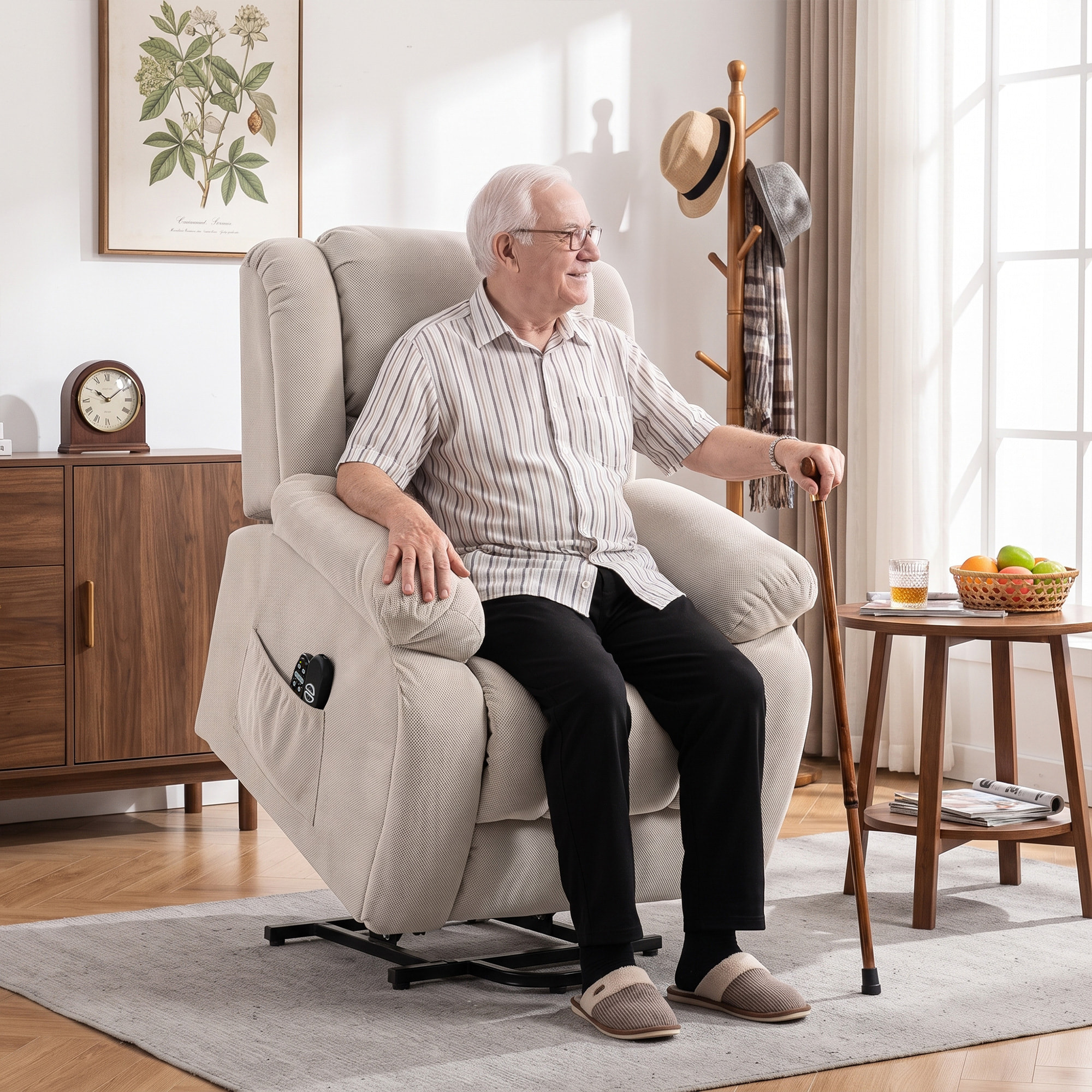 HOMCOM Sillón Relax Reclinable Eléctrico Levanta Personas Mayores con 8 Puntos Masaje Vibratorio y Calor, Sillón Elevador, Asiento Ancho, Puerto USB, Bolsillos, Reposapiés, de Terciopelo, Beige