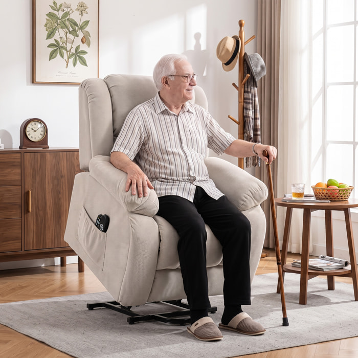 HOMCOM Sillón Relax Reclinable Eléctrico Levanta Personas Mayores con 8 Puntos Masaje Vibratorio y Calor, Sillón Elevador, Asiento Ancho, Puerto USB, Bolsillos, Reposapiés, de Terciopelo, Beige