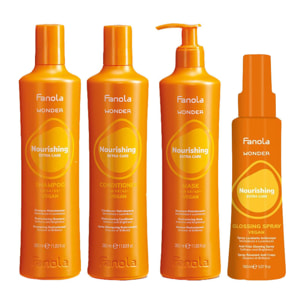 FANOLA Kit Wonder Nourishing Shampoo 350ml + Conditioner 350ml +  Mask 350ml + Glossing Spray 150ml