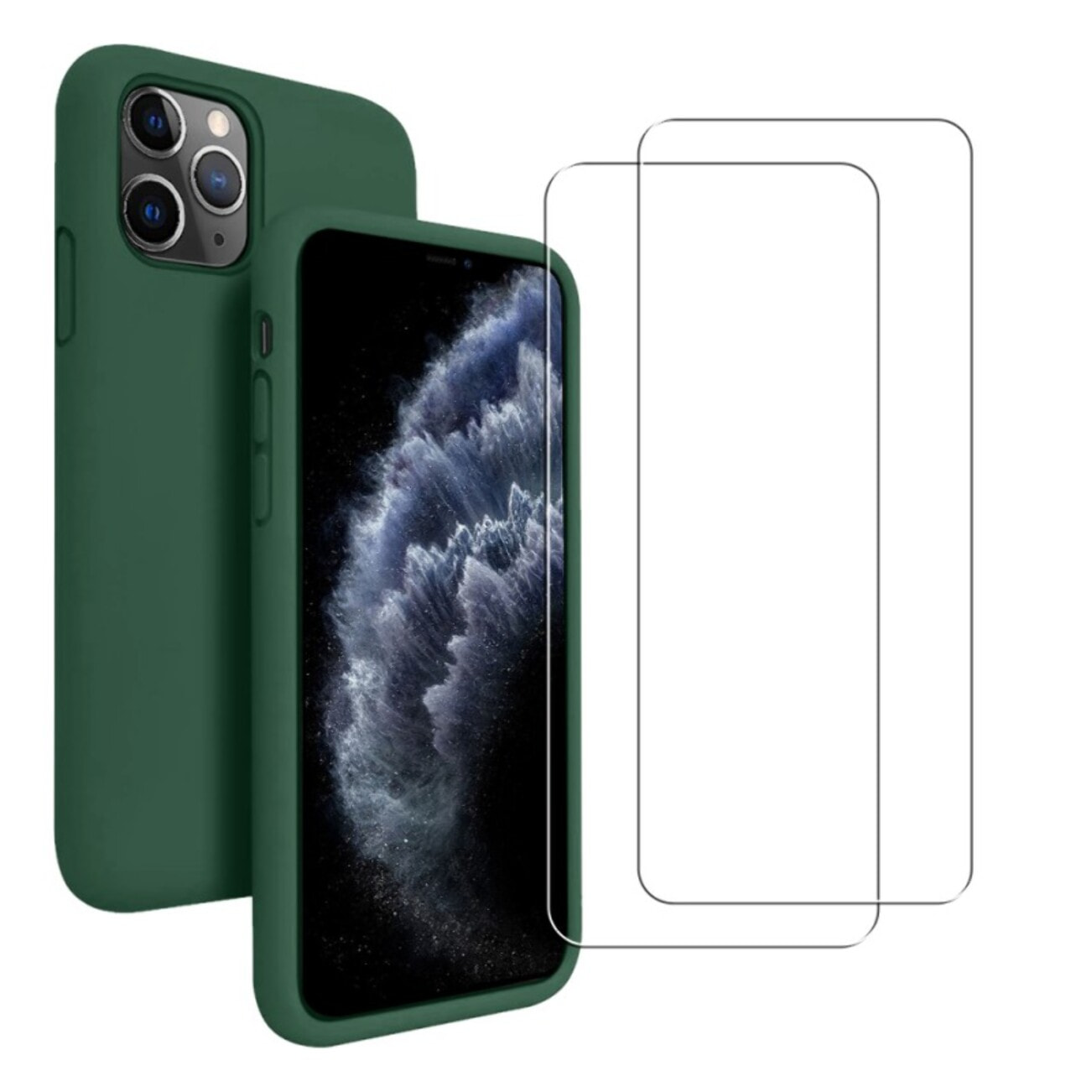 Coque iPhone 11 Pro Max Silicone liquide Vert Foret + 2 Vitres en Verre trempé Protection écran Antichocs