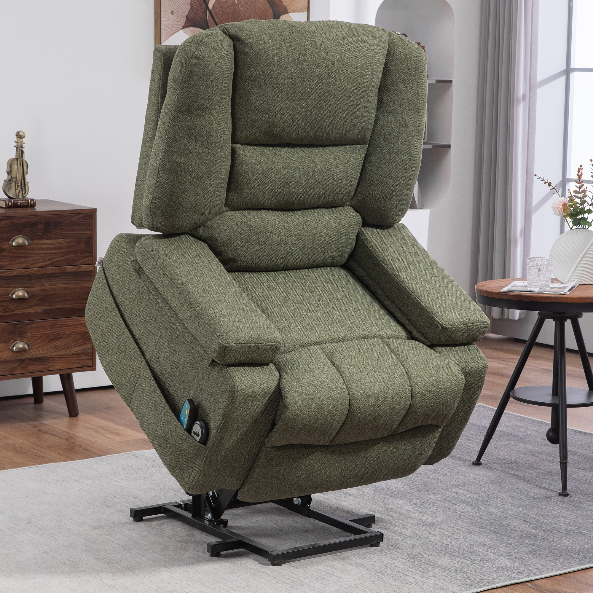 Fauteuil releveur électrique massant chauffant inclinable - repose-pied intégré, 2 télécommandes - tissu vert