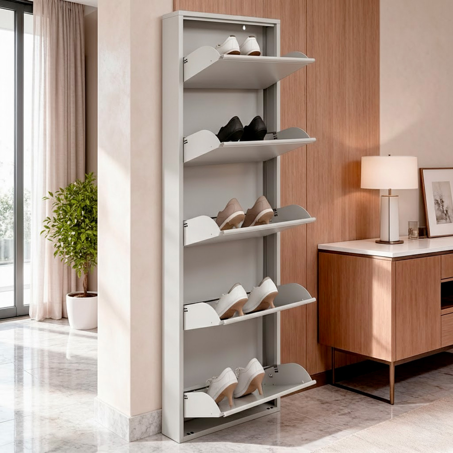 Scarpiera Slim In Metallo 5 Ante A Ribalta Ultra Sottile Salvaspazio Mobile Portascarpe Moderno Ingresso Camera Corridoio 172 x 50 x 15 Cm Grigio