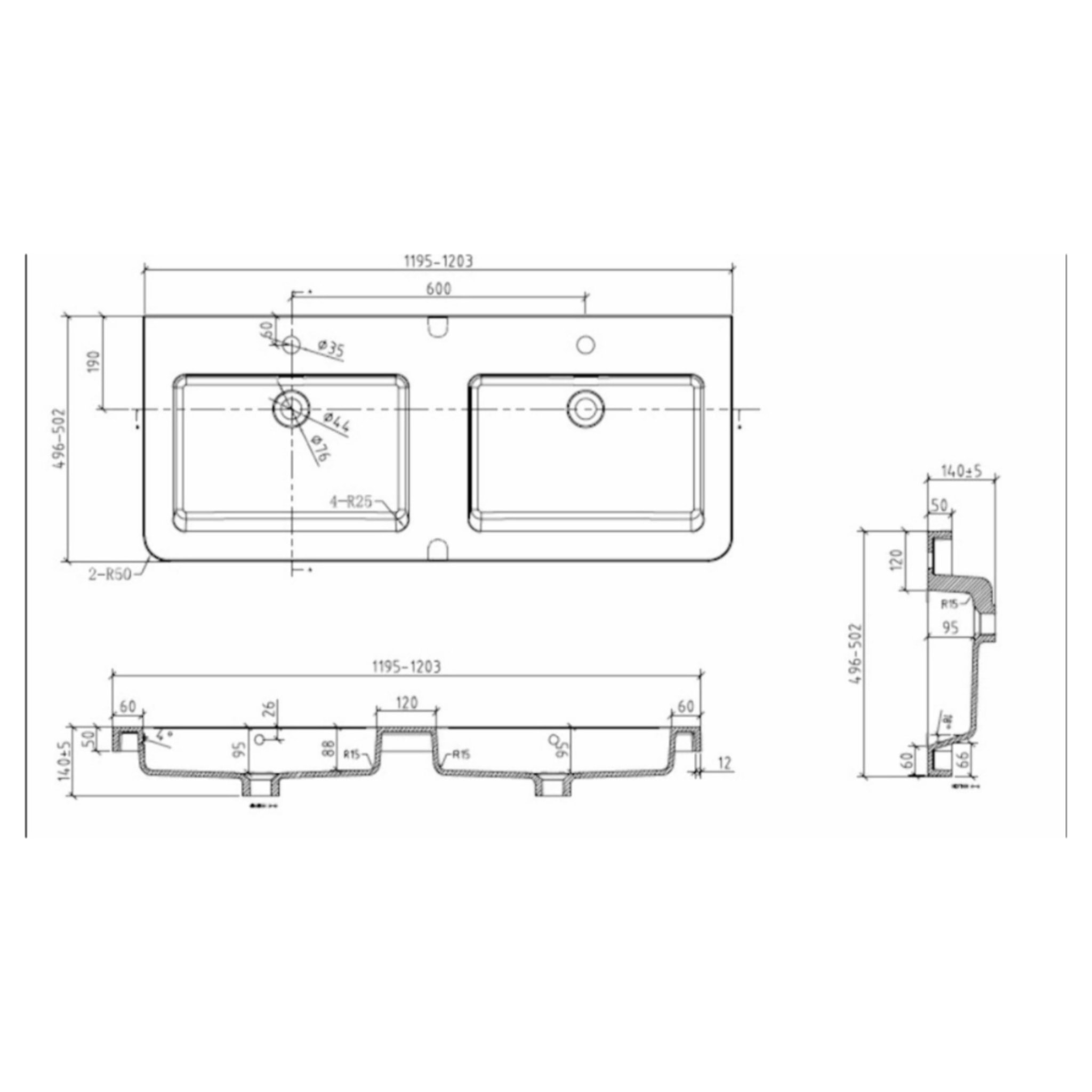 Lavabo double Pavia en marbre coulé blanc 120×49×5 cm – 2 trous pour la robinetterie, avec trop-plein (PA12049)