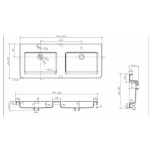 Lavabo double Pavia en marbre coulé blanc 120×49×5 cm – 2 trous pour la robinetterie, avec trop-plein (PA12049)