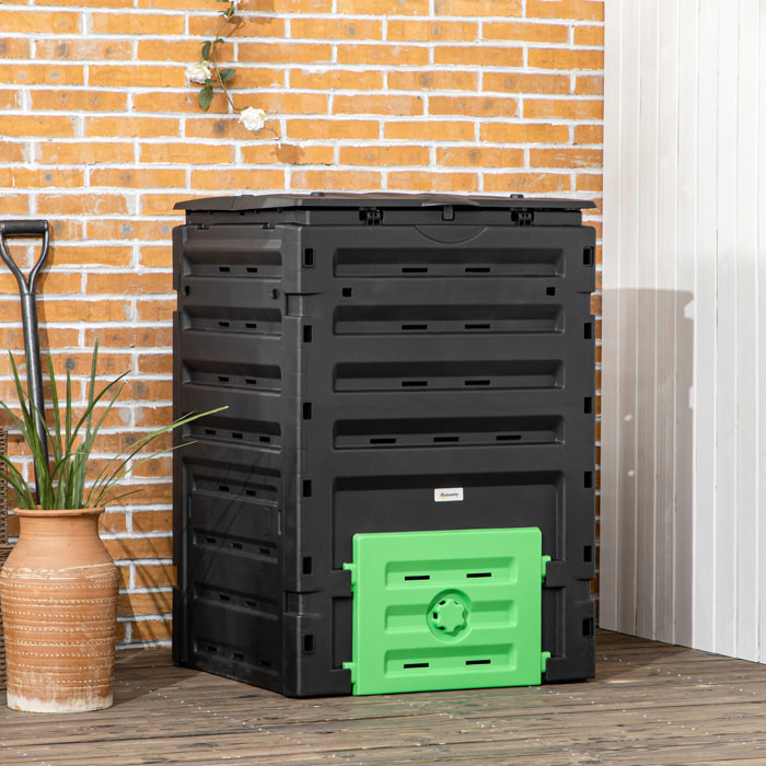 Composteur de jardin 450L 80 aérations 2 trappes coulissantes toit ouvrant noir vert