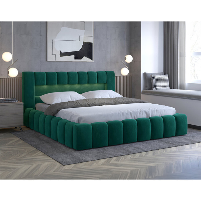 Cleo - lit coffre avec led - 160x200 cm - sommier inclus - en velours - Vert