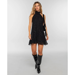 Vestido corto plumeti con lúrex y escote halter de mujer