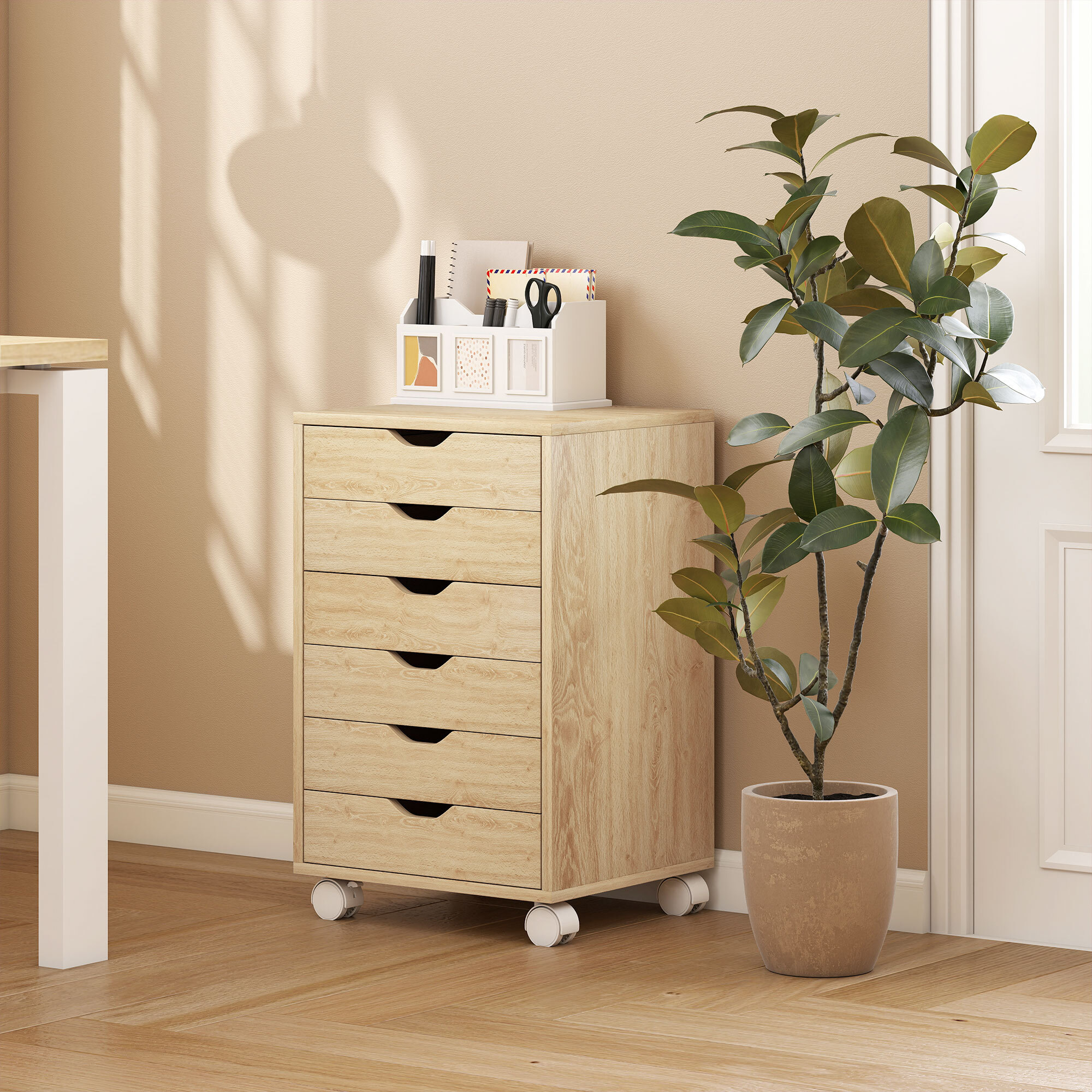 Cajonera Escritorio, Archivador Móvil con 6 Cajones, Soporte para Impresora con Ruedas, Guías Deslizantes Silenciosas, para Oficina, Casa, Roble