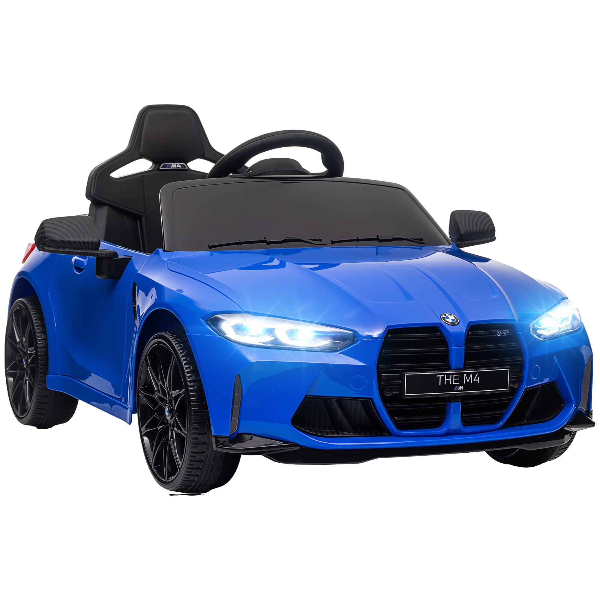 Coche Eléctrico para Niños12V BMW M4 Coche de Batería para Niños con Mando a Distancia Faros Bocina Música Velocidad 3-5 km/h Marcha Adelante y Atrás Cinturón de Seguridad Azul