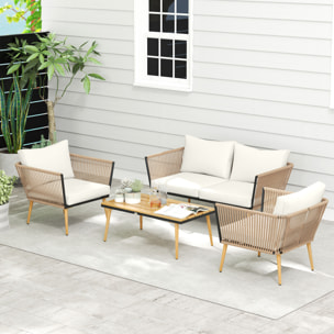 Salon de jardin 4 places 4 pièces design scandinave acier époxy résine filaire PE coussins inclus crème