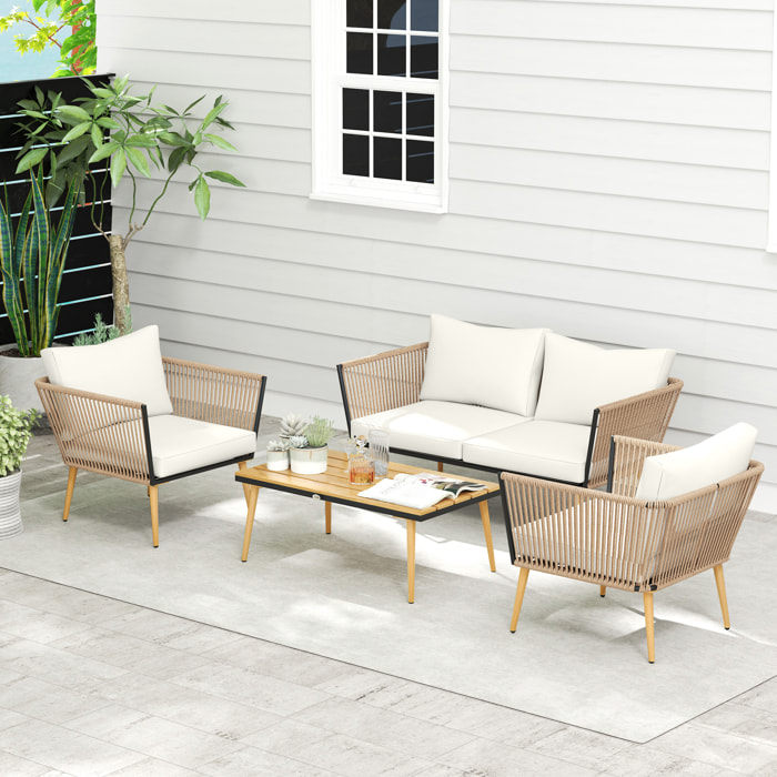 Salon de jardin 4 places 4 pièces design scandinave acier époxy résine filaire PE coussins inclus crème