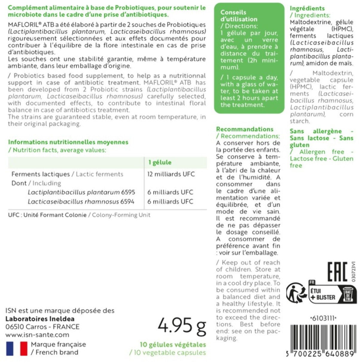ISN - Mafloril ATB - Complément alimentaire - 2 souches spécifiques de probiotiques - Soutien nutritionnel en cas de prise d'antibiotiques - Sans Gluten - Cure 10 jours